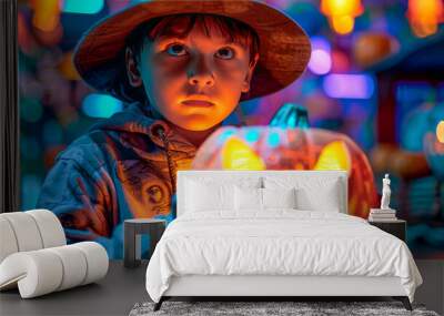 Enchanted Young Boy Holding Glowing Pumpkin Lantern in Halloween Night Wall mural