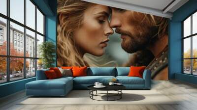 In an epic portrayal of love, a valiant Viking couple embraces passionately against a medieval backdrop, creating a captivating scene for a romance novel's enchanting book cover Wall mural