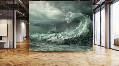 Monetary Tsunami: Fantasy Concept Illustrating Economic Turmoil Wall mural