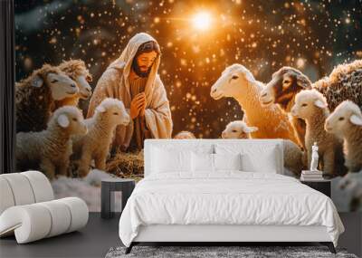 Nativity Scene with Joseph, Baby Jesus, and Adoring Sheep Under Starry Sky Wall mural