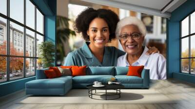 Smiling Nurse with Senior Patient in Home Care Wall mural