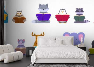 Animals read fairy tales vector. A group of cartoon animals are reading books. Some of the animals are reading while others are just sitting Wall mural