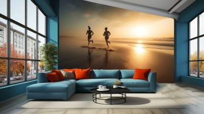 Athletes jogging on the sunset beach view. Morning sport workout running marathon on seashore. Generate ai Wall mural