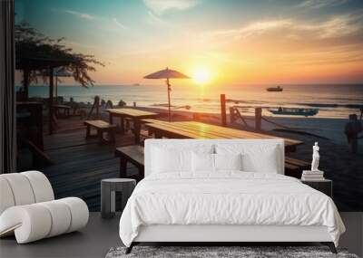 Beach bar sunset outdoor. Generate Ai Wall mural