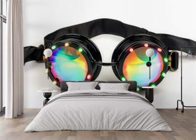 Black cyber goggles with rainbow lenses and led lights are isolated on a white background Wall mural