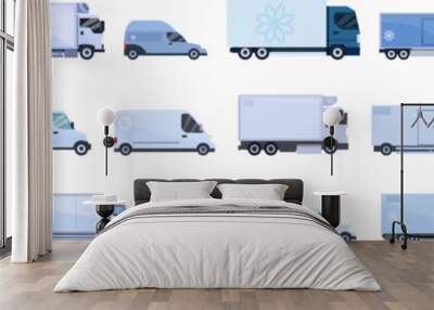 Car refrigerator vector. A row of white trucks with a blue truck in the middle. The trucks are all different sizes and shapes Wall mural