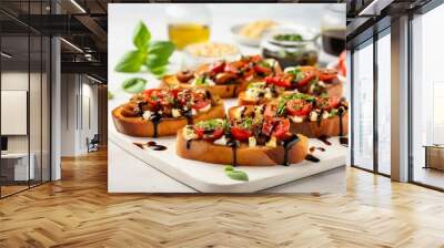 Delicious bruschettas with balsamic vinegar on kitchen board. Appetizer meal cuisine healthy bread. Generate Ai Wall mural