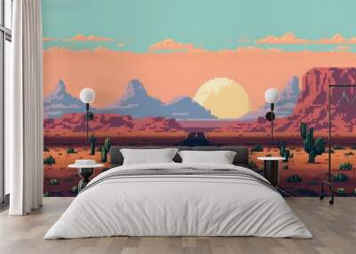 Desert road pixel. Sunset retro view of nature sky. Generate Ai Wall mural