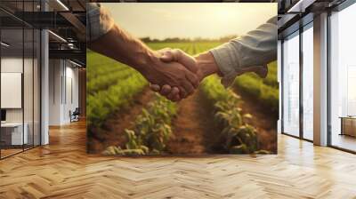 Farmers shake hands at morning field. Farm land cultivated deal. Generate Ai Wall mural