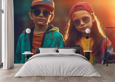 Fashionable children in colorful clothes wearing sunglasses. Cool little boy and girl posing in casual outfits. Generate ai Wall mural