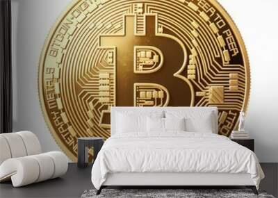 Golden bitcoin coin is standing on a white surface, showing the bitcoin symbol Wall mural