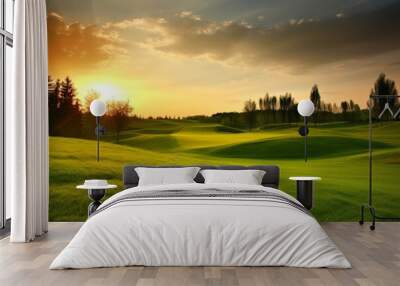 Green gold course sunset. Generate AI Wall mural