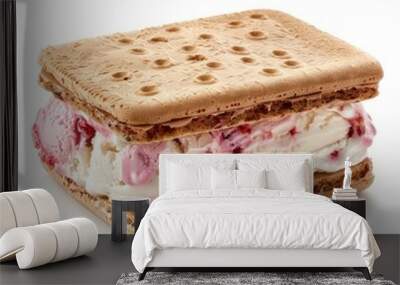 Ice cream sandwich with raspberry swirl filling between two rectangular wafers laying on a white background Wall mural