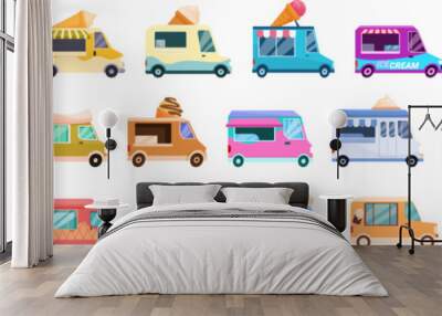 Ice cream truck icons set cartoon vector. Van roof dessert. Street food Wall mural