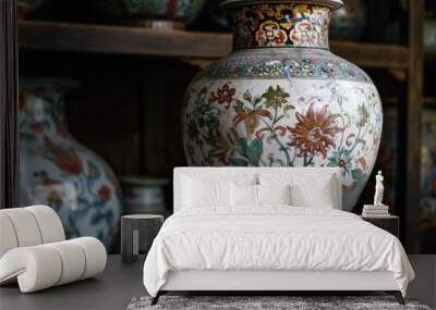 Large chinese vase with floral decoration standing on a wooden shelf in an antique shop Wall mural