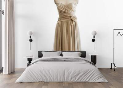 Long elegant dress with a rose displayed on a mannequin over white background Wall mural