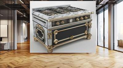 Luxurious kitchen stove with gold and marble details is standing on a white background Wall mural