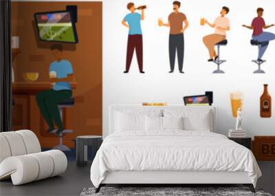 Man beer bar vector. A cartoon image of a bar with a sign that says Beer. There are several people sitting at the bar, some of them drinking beer. The bar has a TV and a refrigerator. Scene is casual Wall mural