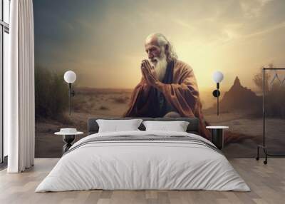 Man praying religious in desert. Arab muslim. Generate Ai Wall mural