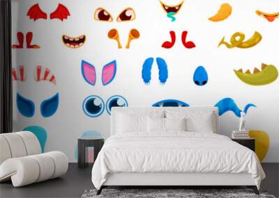 Monster creation icons set. Cartoon monster body parts set for creating funny faces and expressions, allowing for endless combinations and imaginative character designs Wall mural