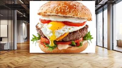 Mouthwatering cheeseburger with a juicy beef patty, melted cheese, and a perfectly cooked fried egg, all served on a toasted sesame seed bun Wall mural