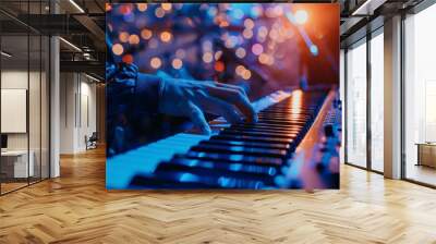 Musician is playing a keyboard on a stage with blurred lights in the background Wall mural