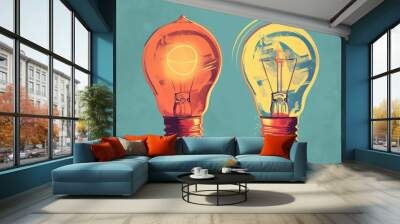 One light bulb shining with new idea and one light bulb burning out on green background representing opposite concepts Wall mural