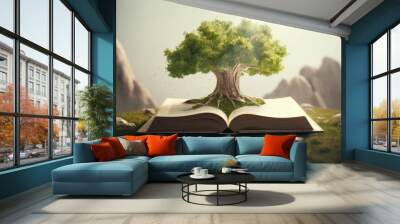 Open book with growth green tree abstract. Verdant natural wisdom erudition concept. Generate ai Wall mural