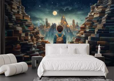 Poet child boy near books. Generate Ai Wall mural