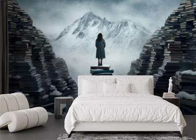 Poet woman on books mountain. Generate Ai Wall mural