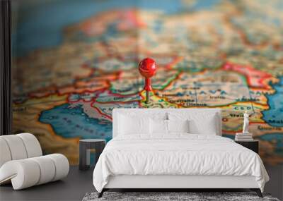 Red pin pointing location showing concept of travel destination on map Wall mural