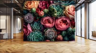 Roses succulent flowers petal. Generate Ai Wall mural