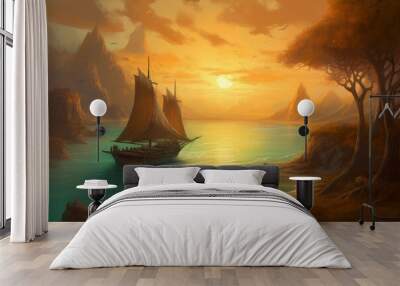 Sailboat desert sunset. Generate Ai Wall mural