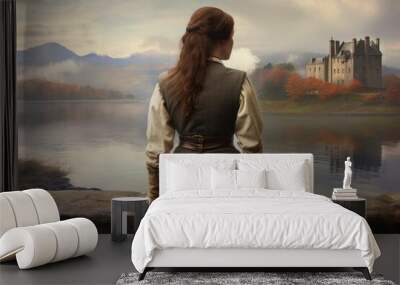 Scot cute woman scottish castle. Generate Ai Wall mural