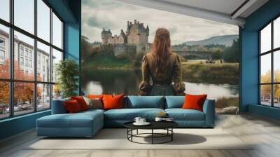 Scot woman travel scottish castle. Generate Ai Wall mural