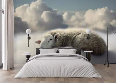 Sheep sleep cloud. Nature art animal cute dream character. Generate Ai Wall mural