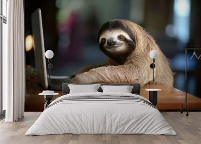 Sloth working laptop office. Generate Ai Wall mural