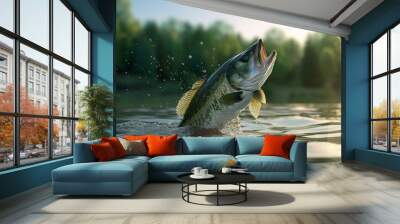 Small bass taking off river. Nature fish animal catch closeup. Generate Ai Wall mural