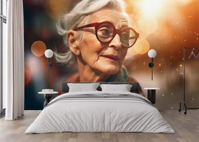 Stylish senior woman wearing eyeglasses. Portrait of mature grey haired lady on sunny street. Generate ai Wall mural