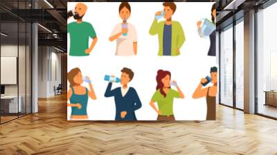 Thirsty people drinking icons set cartoon vector. Bottle glass filter. Person mom drink Wall mural