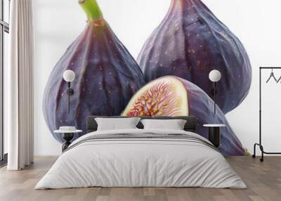 Three whole ripe figs with half are lying on a white background Wall mural