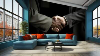 Two businessman engaging greeting gesture. Corporative partnership agreement business handshake. Generate ai Wall mural