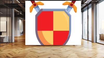 Two swords are crossed behind a red and yellow shield, embodying the concept of defense and safety Wall mural