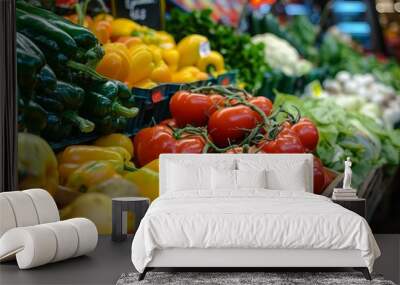 Vibrant red tomatoes, green peppers, and yellow bell peppers are piled high at a farmers market stand Wall mural