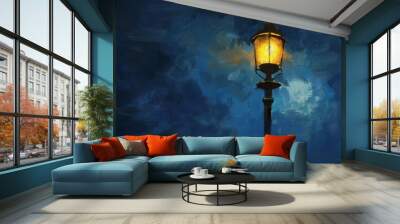 Vintage gaslight lamp is standing tall, casting a warm glow against a backdrop of a stormy night sky Wall mural