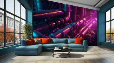 Water pipes neon. Generate Ai Wall mural