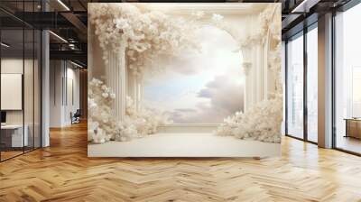 White florals vines clouds columns. Generate AI Wall mural