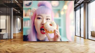 Woman bitting donut. Generate Ai Wall mural