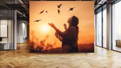 Woman praying sunset free. Generate Ai Wall mural