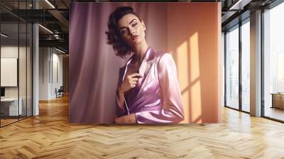 Woman wearing lilac satin clothes. Glamour feminine lady in silk suit. Generate ai Wall mural